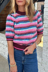 Women's Playful Pink Stripe Knit Sweater - Cozy Short Sleeve Top for Stylish Spring Casual Wear