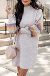 Women's Light Grey Striped Puff Sleeve High Neck Mini Sweater Dress - Cozy Casual Chic for Effortless Style