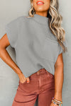 Stylish Women's Gray Ribbed Knit Short Sleeve Sweater with Patch Pockets - Cozy Casual Top for Effortless Everyday Wear