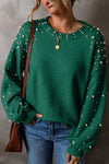 Women's Soft Green Pearled Drop Shoulder Sweater - Casual Round Neck Knit Top for Effortless Everyday Style