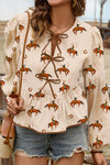 Trendy Women's Apricot Western Rodeo Print Peplum Top with Puff Sleeves and Tied Front – Perfect for Casual Outings