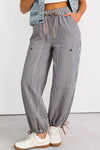 Women's Casual Khaki Striped Loose Fit Drawstring Pants with Button Pockets for Effortless Comfort and Style