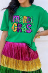 Women's Bright Green Mardi Gras Graphic Tee - Fun Letter Print, Casual Fit, Ideal for Festive Celebrations & Parties