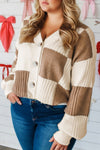 Plus Size Women's Khaki Checkered Ribbed Sweater Cardigan - Cozy and Chic Layering Piece for Every Occasion