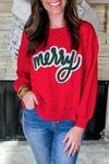Cozy Women's Fiery Red Christmas Graphic Sweatshirt with Merry Script Design for Festive Holiday Style