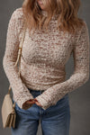 Elegant Blue Women's Lace Textured Slim Fit Mock Neck Long Sleeve Top for Stylish Casual Outfits