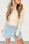 Elegant Women's Beige Floral Lace Long Sleeve High Neck Top - Slim Fit Design for Chic, Stylish Outfits