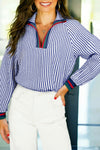 Women's Stylish Navy Blue Striped Blouse with Contrast Patchwork, Split Neck, Comfortable Fit for Effortless Chic
