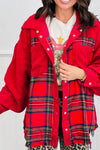 Trendy Women's Red Plaid Corduroy Shacket with Snap Buttons, Raw Hem, and Stylish Tweed Patchwork for Layering