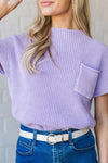 Relaxed Fit Women's Lavender Ribbed Knit Short Sleeve Sweater with Pockets - Casual Mineral Wash Style