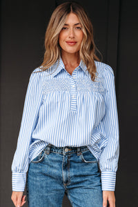 Chic Women's Striped Long Sleeve Blouse in Soft Cotton - Perfect for Casual or Office Wear with a Relaxed Fit