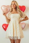 Women’s Apricot Lace Dress with Sequins and Bubble Sleeves - Elegant Square Neck Fit for Parties and Special Occasions