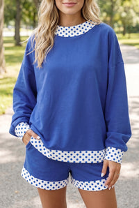 Women's Comfy Dark Blue Polka Dot Baggy Pullover and Gingham Trim Shorts Set - Stylish Summer Casual Outfit