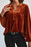 Elegant Women's Gold Velvet Top with Beaded Details, Lantern Sleeves, and Split V-Neck for Evening Events