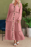 Women's Bohemian Peach Blossom Floral Maxi Dress with Patchwork, Long Sleeves, and Notched Neck for Effortless Style
