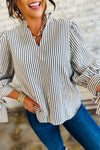 Elegant Women's Black and White Striped V-Neck Blouse with Knotted Cuffs – Versatile Long Sleeve Top for Any Occasion