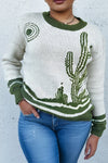 Cozy Plus Size Green Western Cactus Pattern Sweater for Women - Trendy Style for Casual Chic Outfits