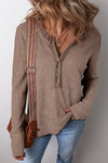 Women's Casual Chic Coffee Acid Wash Waffle Knit Long Sleeve Top with Buttoned Neckline - Trendy & Comfortable Fit