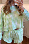 Stylish Women's Green Gingham 2-Piece Pajama Set - Relaxed Long Sleeve Top & Drawstring Shorts for Cozy Sleepwear