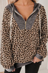 Trendy Women's Khaki Ribbed Leopard Print Hoodie Sweatshirt with Contrast Collar - Stylish Casual Fit for Daily Comfort