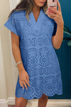 Beau Blue Women's Casual Eyelet Embroidered Mini Dress - Chic Solid T-Shirt Style for Effortless Summer Outings