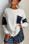 Women's Relaxed Fit White Color Block Sweatshirt with Exposed Seams and Stylish Patch Pockets for Casual Wear