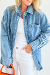 Stylish Women's Casual Blue Denim Jacket with Varsity Striped Sleeves and Button-Down Collar for Trendy Everyday Wear