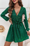 Chic Women's Blackish Green Metallic Mini Dress with V-Neck, Tied Waist, and Long Sleeves for Effortless Style