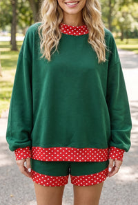 Chic Women's Evergreen Polka Dot Pullover and Shorts Set - Effortless Casual Style for Comfortable Everyday Wear