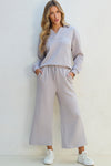 Stylish Women's Light Grey V-Neck Top with Collared Detail & Comfy Wide Leg Pants Set for Effortless Everyday Wear