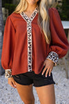 Women's Clay Beaded Leopard Print V-Neck Long Sleeve Blouse - Stylish, Comfortable Fit for Everyday Wear
