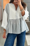 Chic Women's Gray Stripe Babydoll Blouse with Bracelet Sleeves & Half Button Detail - Trendy Patchwork Design