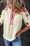 Chic Women's Beige Floral Embroidered Puff Sleeve Blouse with Textured Fabric and Ricrac Trim for Effortless Style