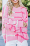 Cozy Oversized Pink Striped Ribbed Knit Sweater for Women with Exposed Seams - Stylish Casual Fashion Essential