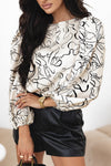 Chic Beige Abstract Print Blouse for Women - Balloon Sleeve Crew Neck Top for Effortless Style and Comfort