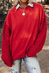 Cozy Women's Fiery Red Slouchy Cable Knit Sweater with Textured Patchwork Sleeves for Chic Autumn Fashion