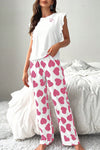 Cute Women's Pink Ruffled Tank Top & Heart Print Lounge Pants Set – Comfy Summer Loungewear for Relaxing at Home