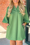 Plus Size Women's Long Sleeve Green V-Neck Bubble Dress with Pleats & Pockets for Stylish Comfort