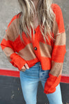 Women's Stylish Orange Color Block Cardigan - V-Neck, Button Closure, Loose Fit for Cozy Layering and Everyday Wear