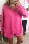 Women's Strawberry Pink V-Neck Long Sleeve Pullover & Loose Shorts Lounge Set for Cozy Comfort and Chic Style
