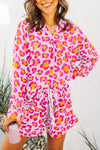 Cozy Women's Pink Leopard Print Pajama Set with Long Sleeve Shirt & Shorts - Stylish Sleepwear for Ultimate Comfort