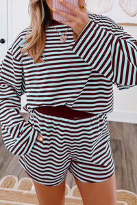 
Women's Brown Striped Relaxed Long Sleeve Top with Elastic Waistband Shorts Set - Chic Everyday Comfort Outfit