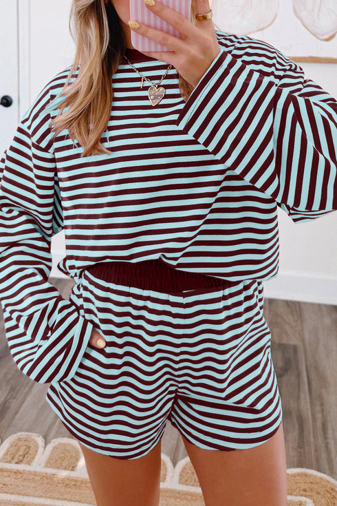 Women's Brown Striped Relaxed Long Sleeve Top with Elastic Waistband Shorts Set - Chic Everyday Comfort Outfit