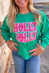 Plus Size Women's Dark Green HOLLY JOLLY Graphic Sweatshirt with Trendy Patches and Cozy Fit for Effortless Style