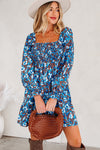 Women's Summer Blue Floral Dress with Smocked Bodice, High Waist, and Ruffled Sleeves for Effortless Style