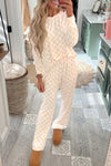 Stylish Beige Checkered Lounge Set for Women - Cozy Long Sleeve Top & Relaxed Fit Pants for Ultimate Comfort