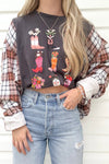 Women's Carbon Grey Plaid Patchwork Top with Floral Print - Stylish Long Sleeve Cowgirl Shirt for Trendy Outfits