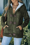 Women's Army Green Fur Hooded Cardigan with Horn Button Detail - Cozy and Stylish Sweater for Fall and Winter Fashion