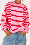 Chic Women's Pink Striped Bubble Sleeve Sweater with Drop Shoulders & Ribbed Trim for Cozy Style