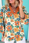 Women's Stylish Orange Floral Blouse with Frilled V-Neck & Bracelet Sleeves - Perfect Summer Top for Casual Outings